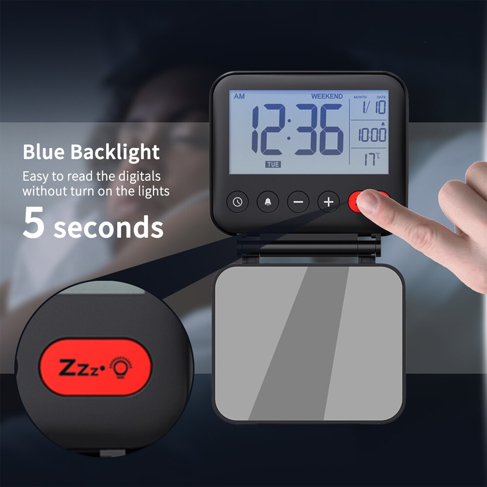 Folde rejse led digitalt vækkeur elektronisk desktop ure temperatur rejse elektronisk mini ur snooze funktion