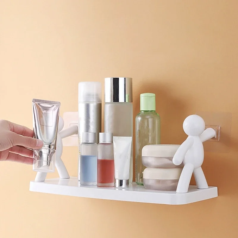 Selbstklebende Aufbewahrungsregale für Badezimmer, Zahnbürstenbecher, weiße Shampoo-Handtuchregale, Regal für Badezimmer, Kosmetik, WC-Aufbewahrungsregale