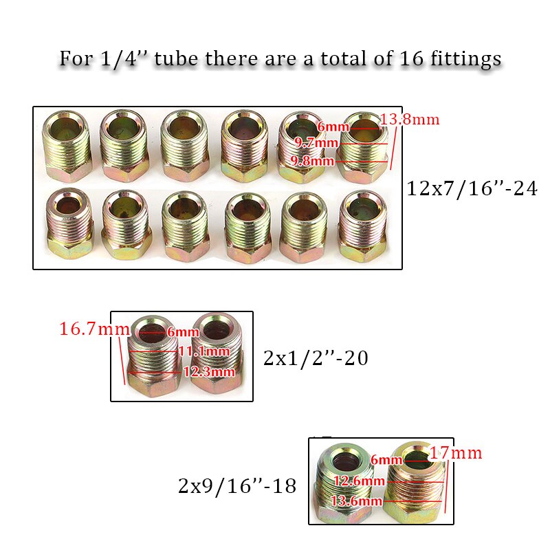35pcs Car Brake Line Tubing Tube Fitting Kit Nuts Iron Plating Zinc For Inverted Flare 3/16'' OD 1/4" OD Auto Replacement Parts