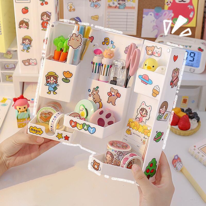 Desktop Storage Box Cute Pen Holder Foldable Stationery Box Waterproof Stationery Shelf Kawaii Sticker Office Supplies