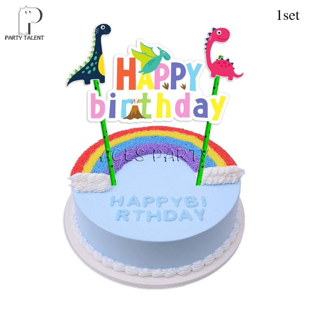 För barn födelsedag dinosaurie tema festtillbehör engångsservis tallrik kopp halm godis låda hatt inbjudningar ballong etc.: 1 set cake toppern