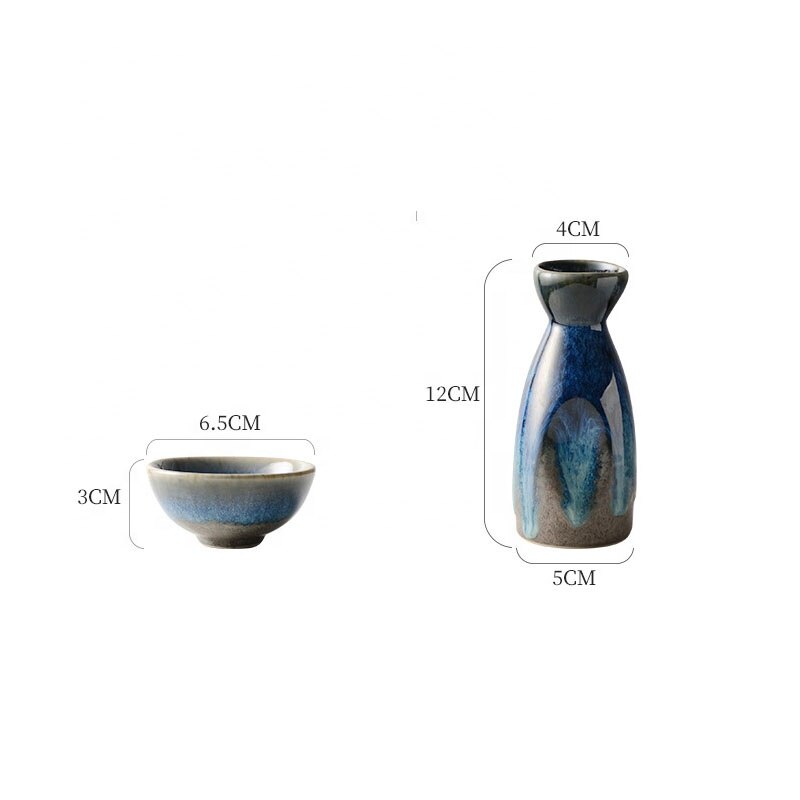 Japanese Retro Style Kiln Change Blue Color Glazed Household Ceramic Sake Cup 40Ml 4 Pcs with 1 Pc130Ml Pot Sets Teacup Cuisine