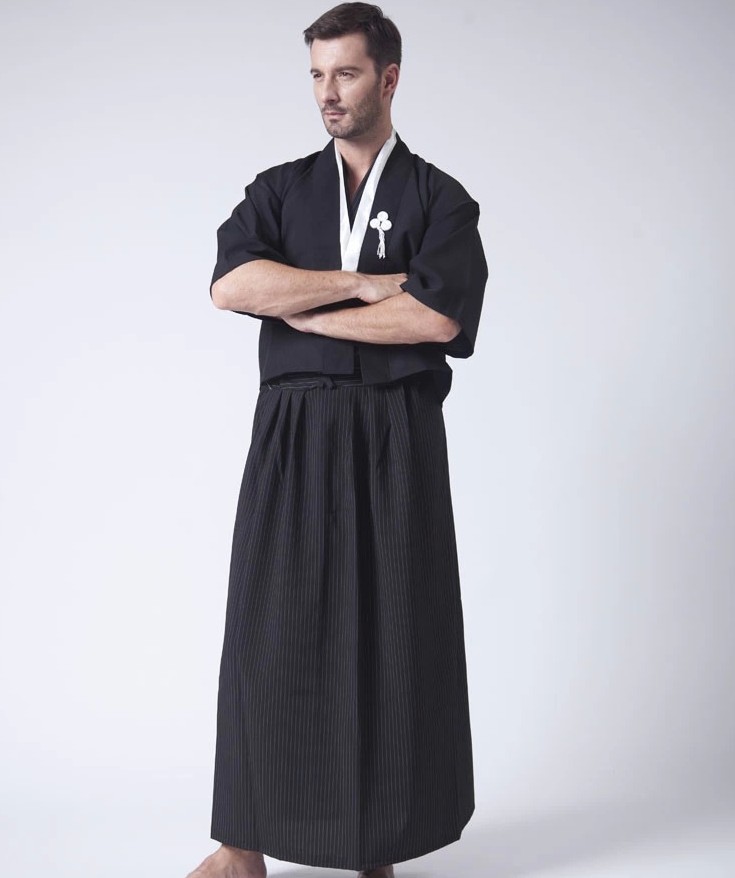 Vintage sort japansk mænds kriger kimono med obi traditionel yukata samurai tøj konvention kostume en størrelse