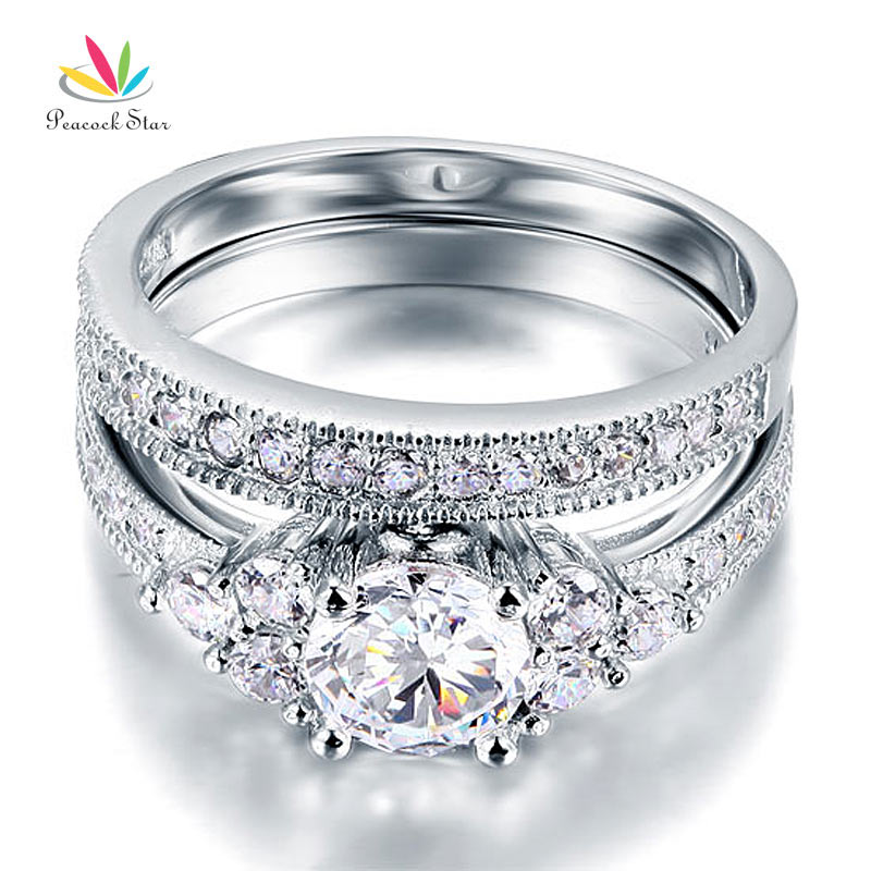 Peacock Star Vintage Style 1 Ct Sterling 925 Silver 2-Pc Wedding Anniversary Engagement Ring Set Jewelry CFR8102