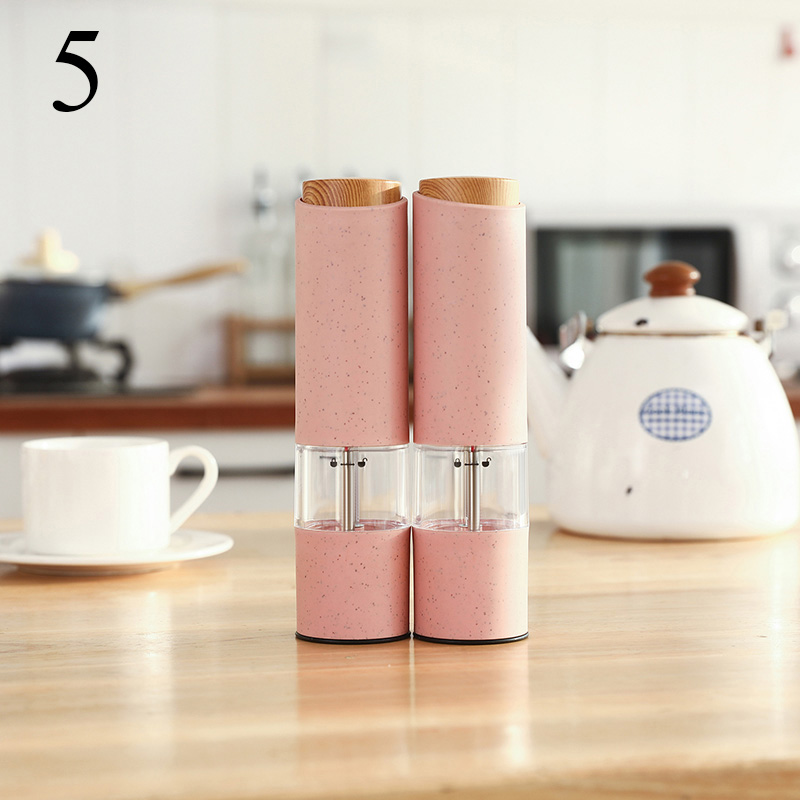 Electric Salt Pepper Grinder with LED Light Automatic Spice Mill Wheat Straw Grinders Shaker Adjustable Coarseness Ceramic Core: 2Pcs Pink