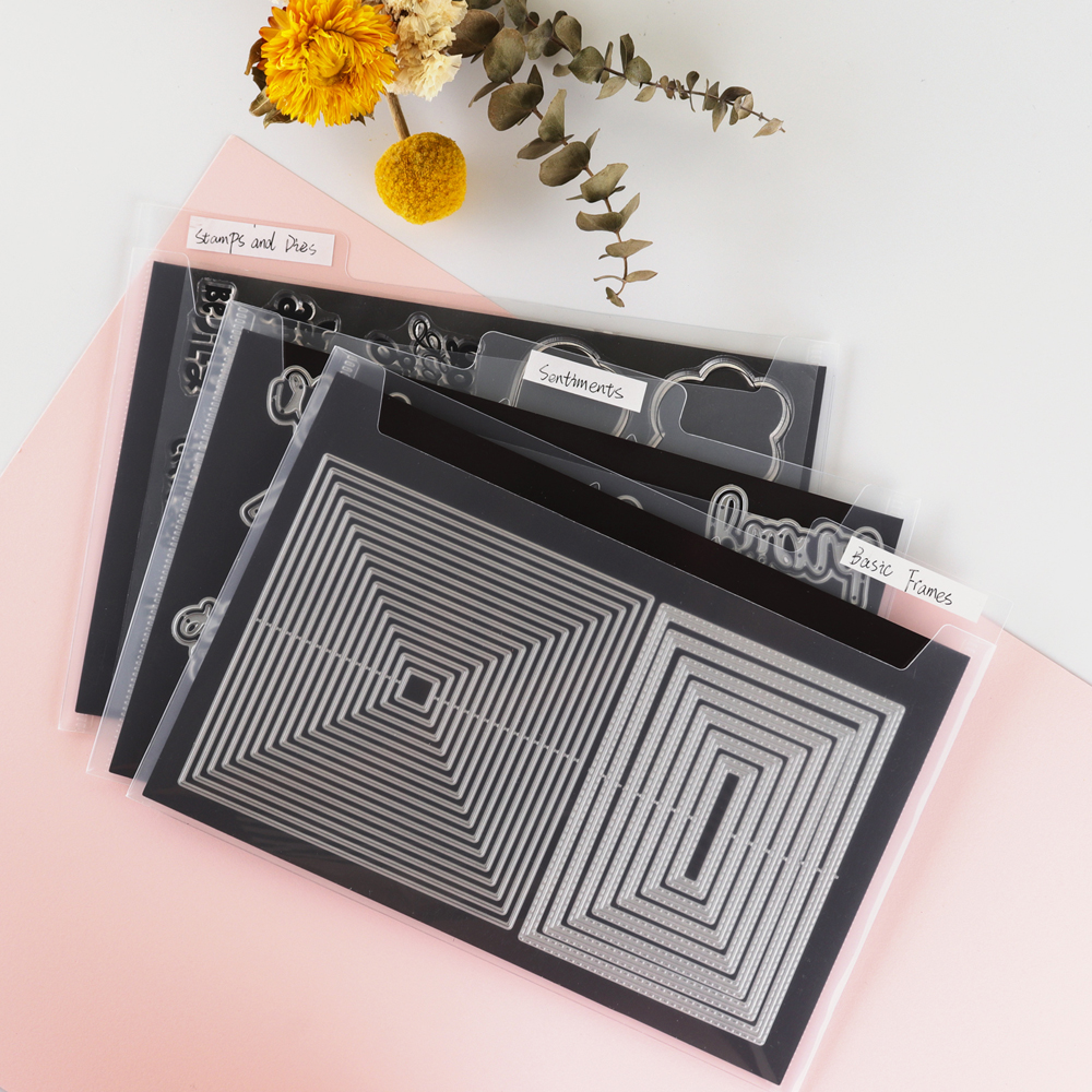 Clear Craft Storage Box with 6 Tabbed Dividers/Double Sided Strong Magnetic Sheets/Plastic Envelopes Cutting Die Stamp Organizer