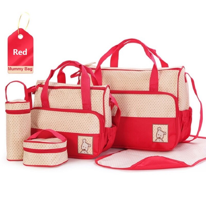 5 unids/set bolsa para pañales de cochecito mami bolsa de gran capacidad bolso de pañales cambiando Pad para el cuidado del bebé con 8 colores: Red