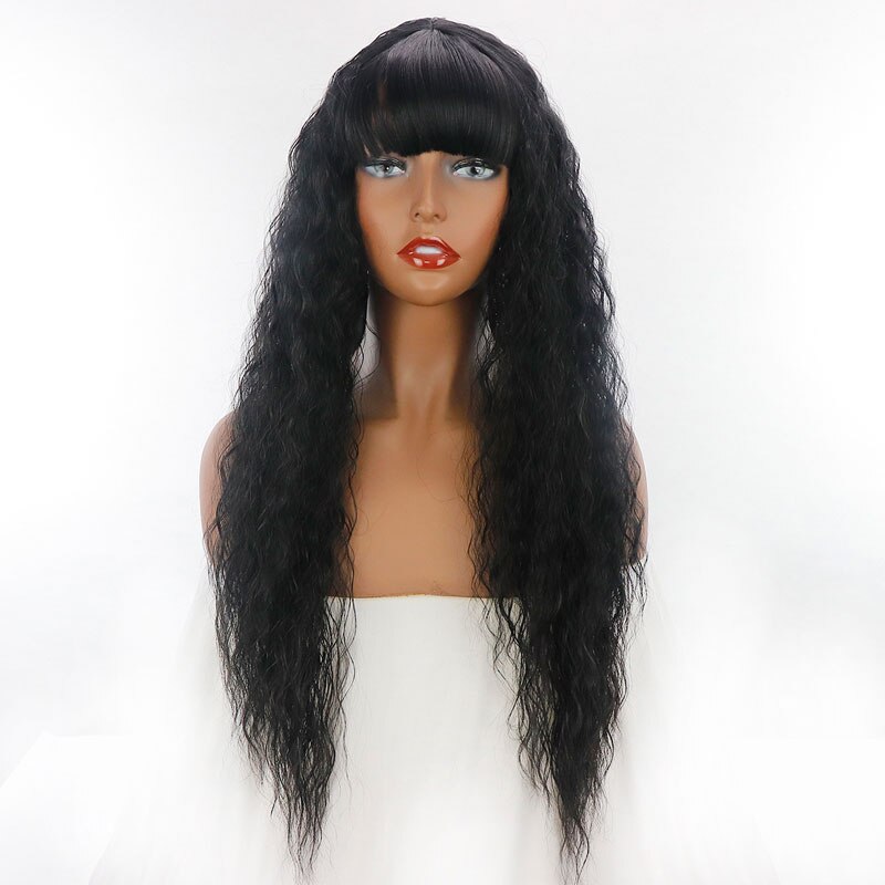 Bombshell Black Long Loose Bouncy Curly Synthetic Hair Wig Glueless Heat Resistant Fiber Hair With Full Bangs For Women Wigs