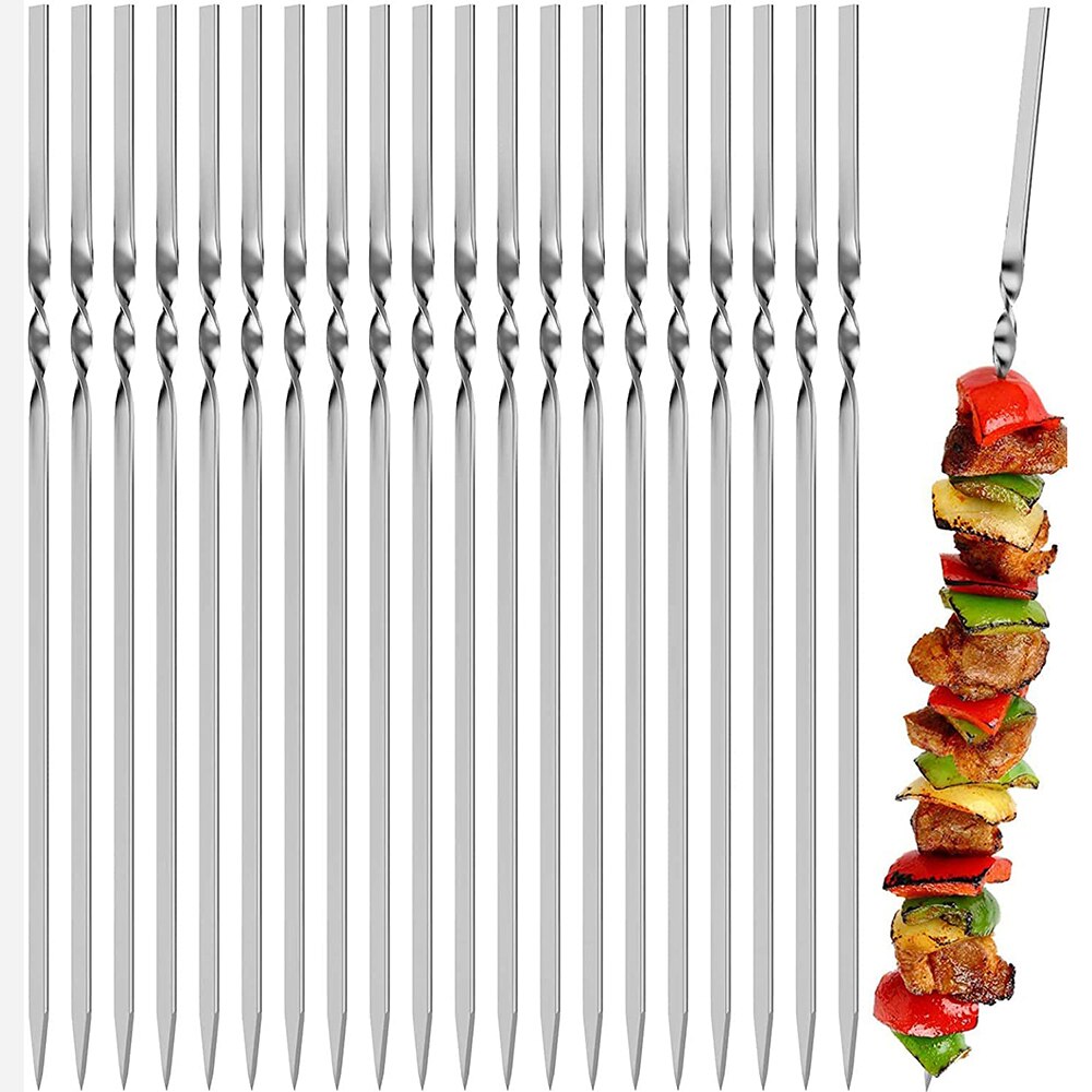 50 Pcs Rvs Bbq Barbecue Spiesjes Platte Metalen Spiesjes Voor Grillen Herbruikbare Bbq Sticks Met Draagbare Opbergtas