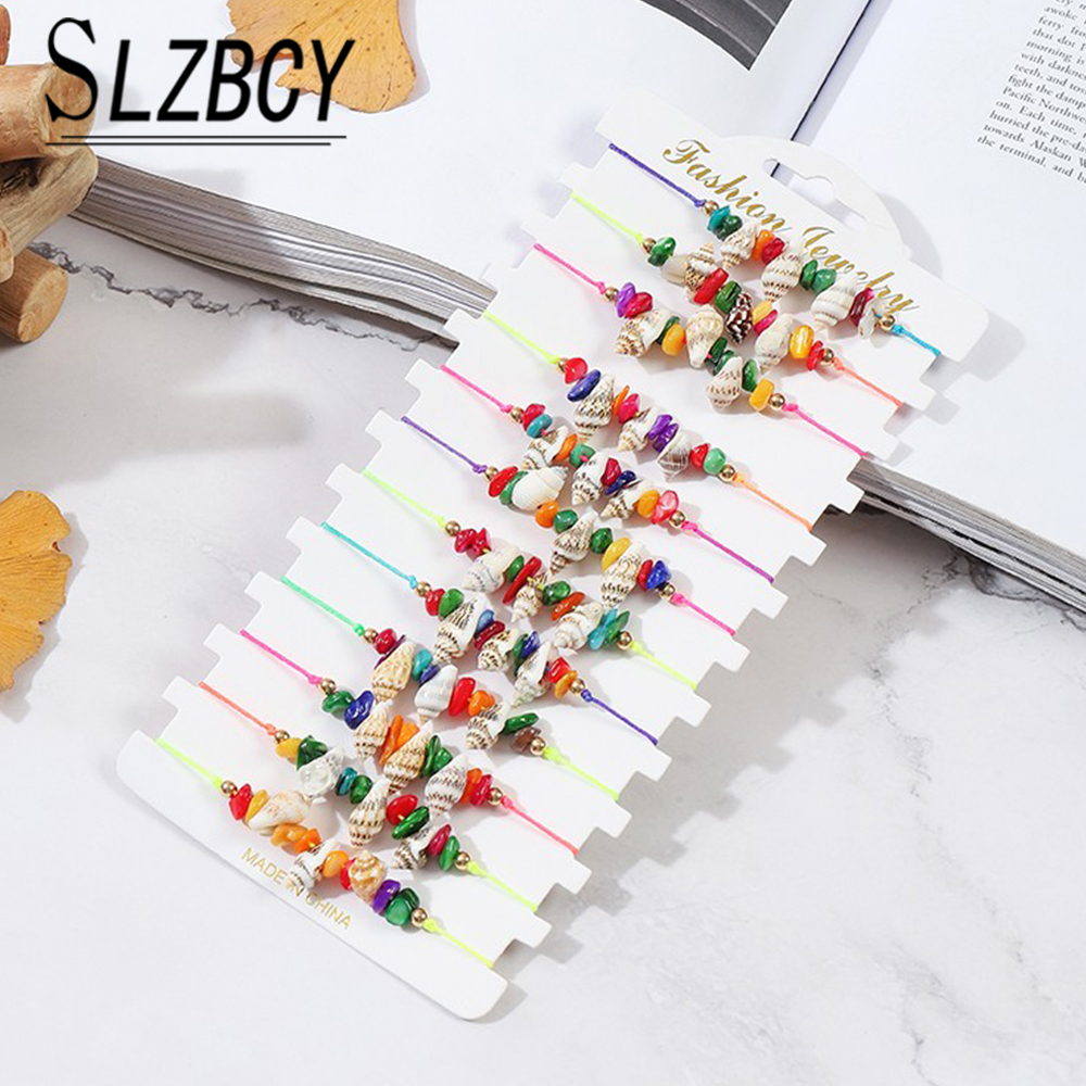 12 Stuks Schelp Armband Enkelband Charm Kralen Zee Handgemaakte Boho Verstelbare Braid Enkelbandje Voet Sieraden Voor Vrouwen Meisje