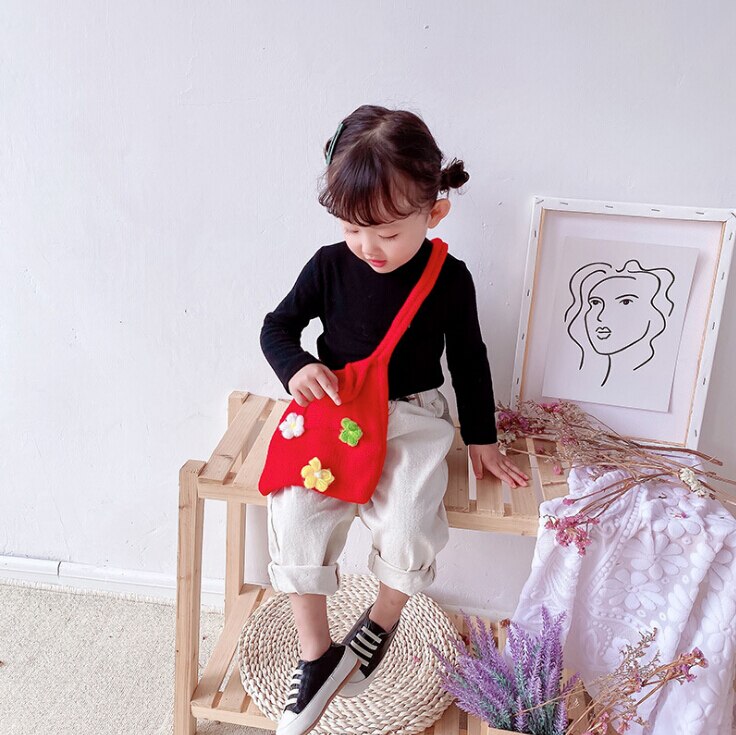 Women Kids Baby Handbag Cute Wool Floral Knit Diagonal Girls Bag Princess Party Crossbody Shoulder Bag Coin Purse Woven Mini Bag