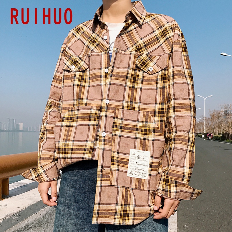 Ruihuo våren casual rutete skjorte herre slim fit koreansk stil mannlige langermede skjorter herre merke pluss størrelse m -3xl