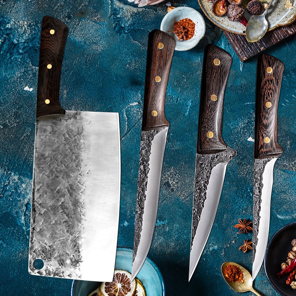 Traditional Forged Kitchen Knife Set Handmade Hammer Stainless Steel Chef's Chopper Cooking Knives Meat Slicer Butcher Knife
