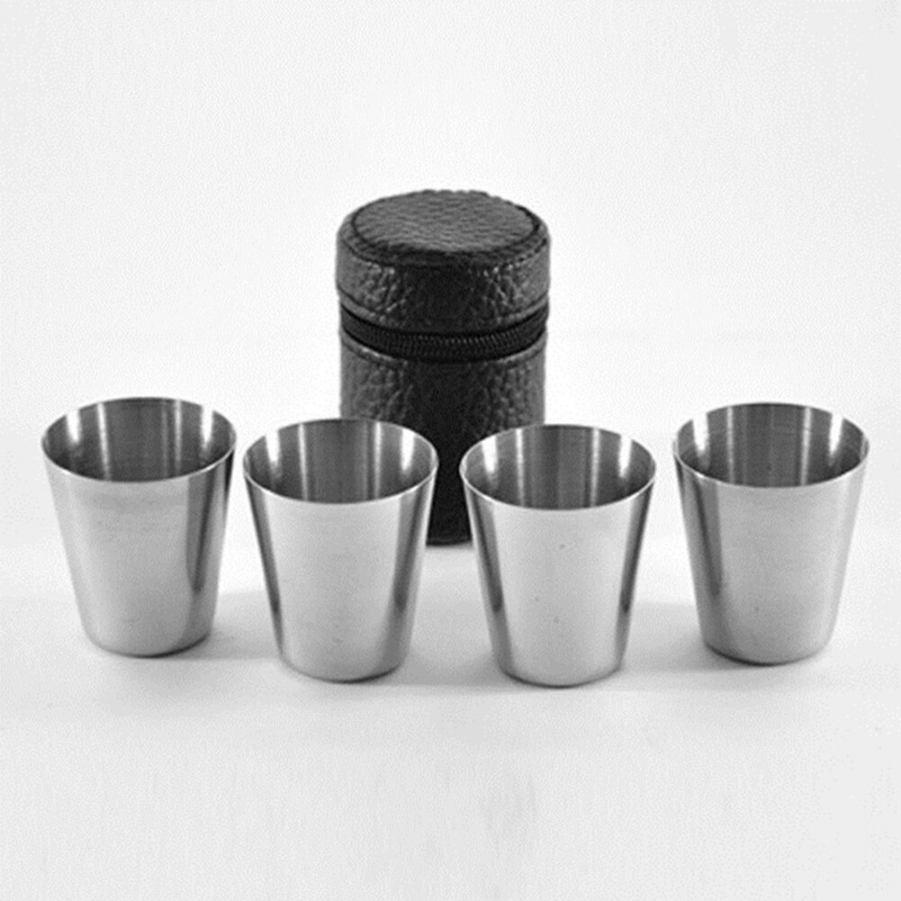 4 Teile/satz Mini 30ml Tragbare Edelstahl Wein Tassen Reise Trinken Flasche Flachmann Tasse PU Leder Abdeckung Whiskey flachmann