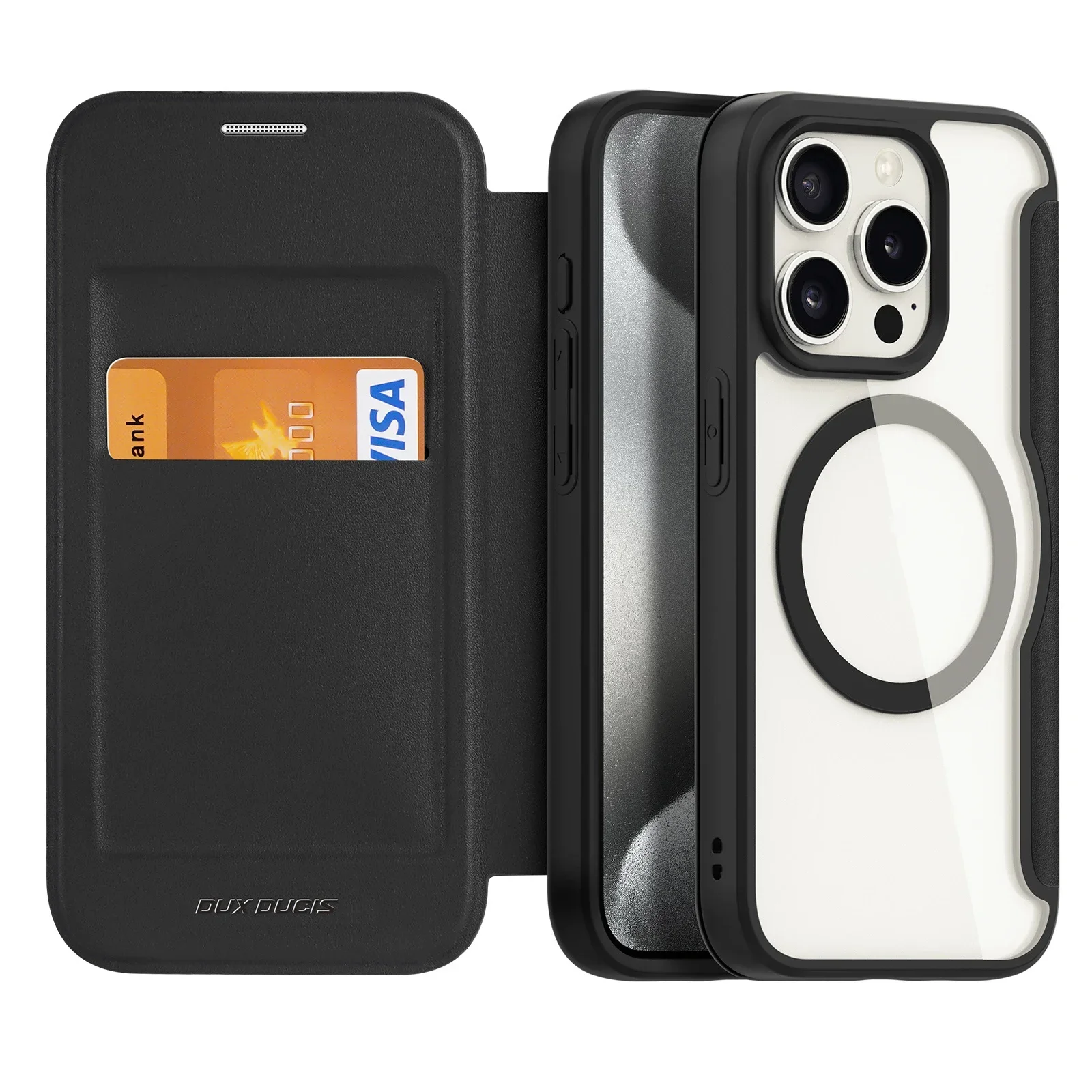 Leather Flip Transparent Phone Case for Iphone 15 14 13 5G Pro Max 15 14 Plus Magsafe Magnetic Charging with Card Holder Cover: PE / black