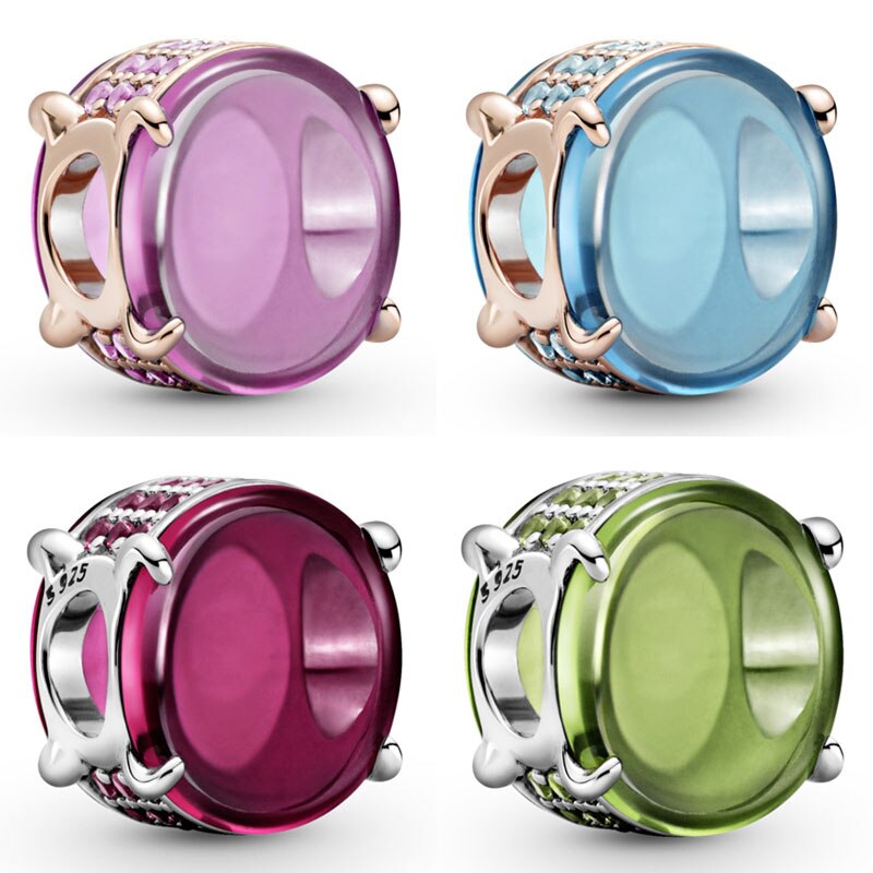 Cabochon ovale blu fucsia rosa verde rosa reale con perline di cristallo bracciale in argento Sterling 925 adatto per gioielli fai da te