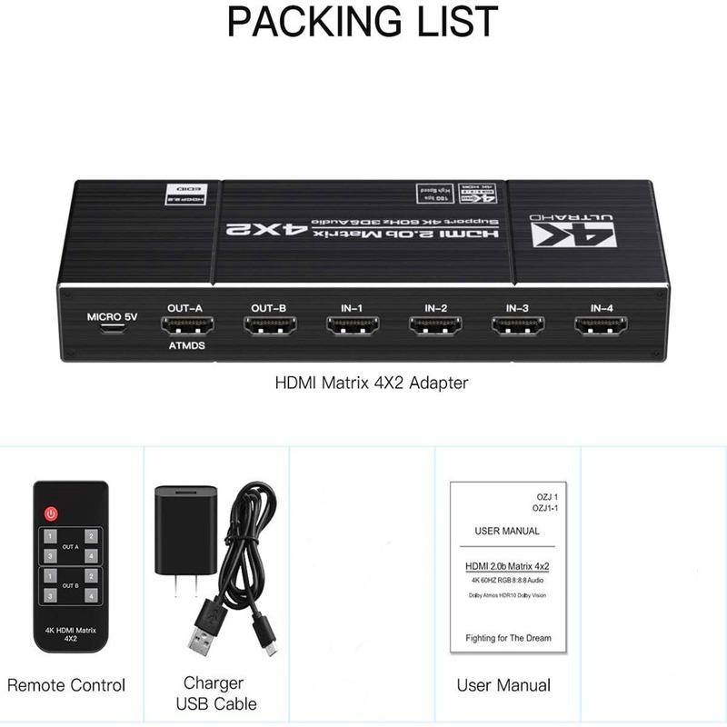 4K 60Hz Hdmi Matrix 4X2 Switch Splitter Ondersteuning Hdcp 2.2 Ir Afstandsbediening Schakelaar 4X2 Spdif 4K 4X2 Matrix Switch