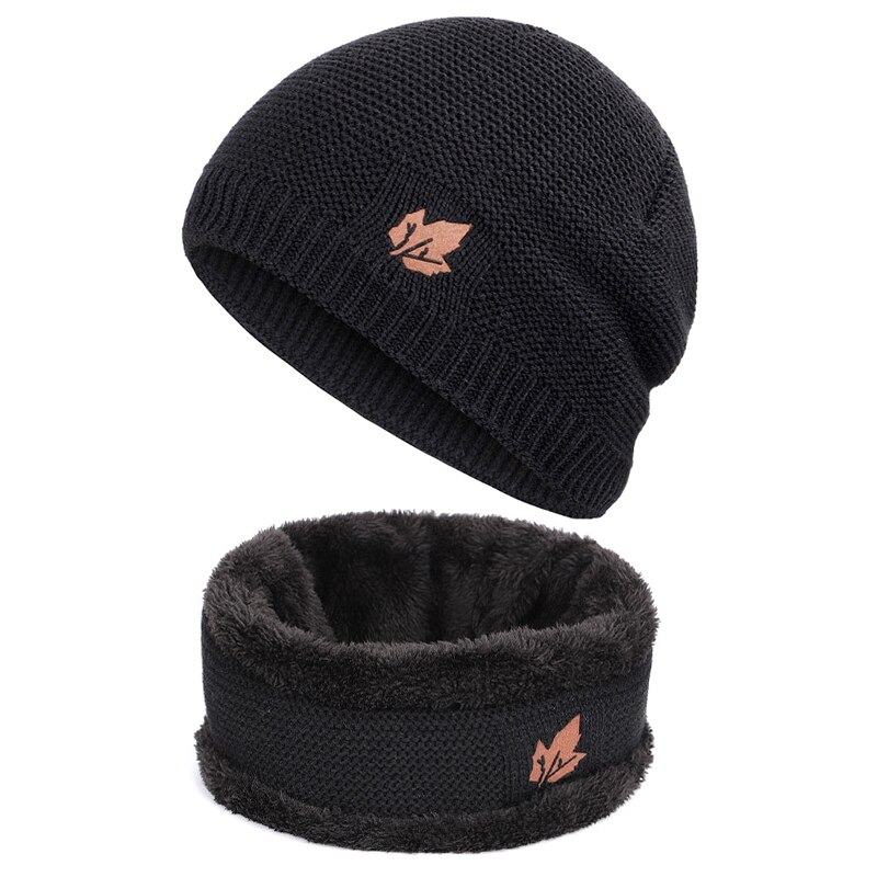 Vinter hue-hatte tørklædesæt varm strik foret hals fleece varmere vinterhue & tørklæde sæt: Sort