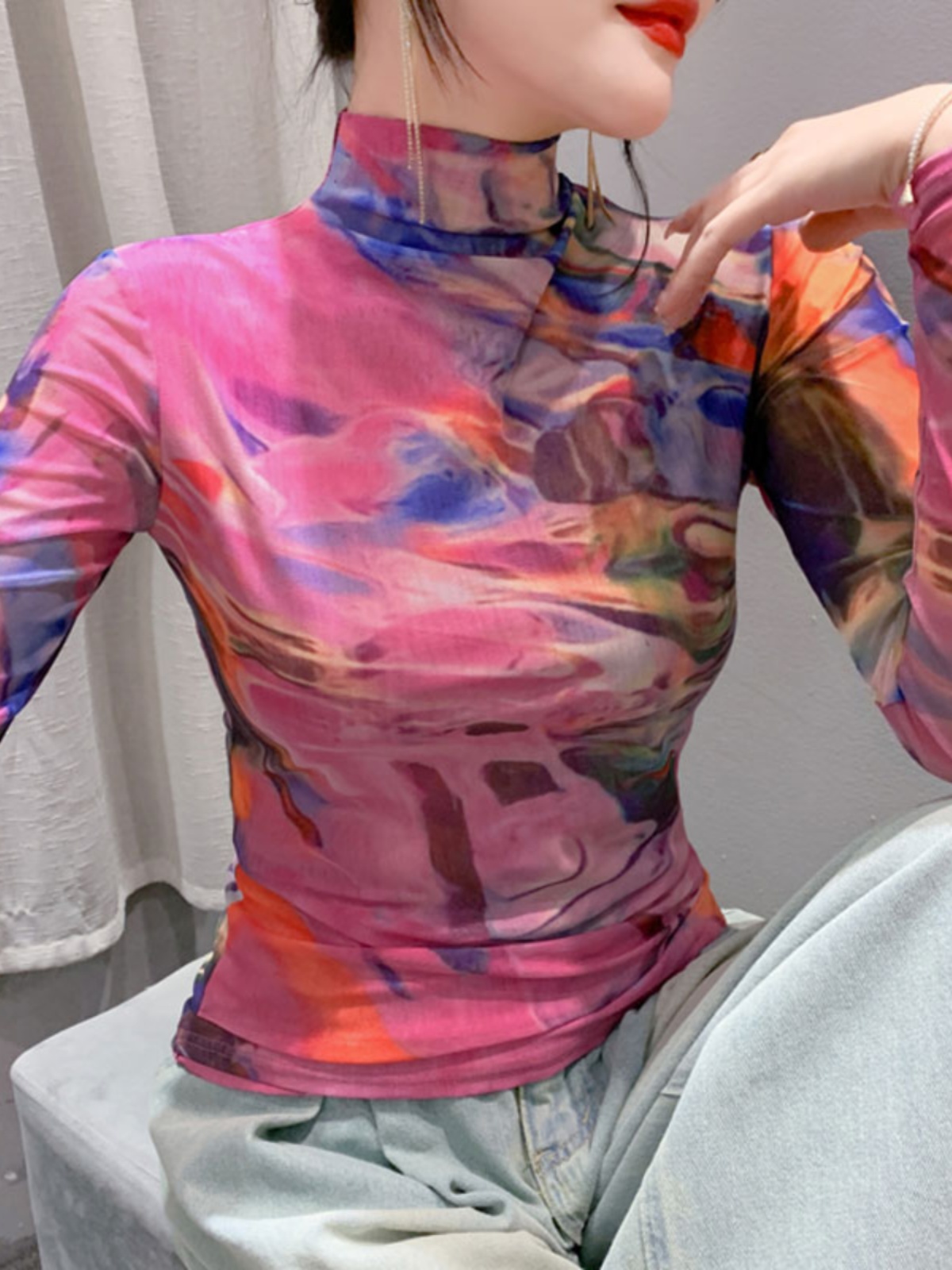 Size S-4XL Women's Long Sleeve Turtleneck Mesh T-shirt Women's Positioning Flower TShirts Female High Stretch Slim Top