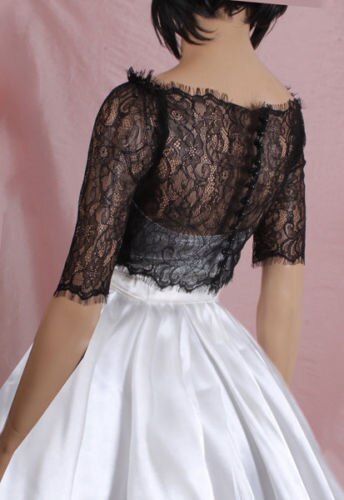 Kanten bruidsbolero, off-shoulder, halflange zwarte bruidsjas, jasje, bruidsjasjes