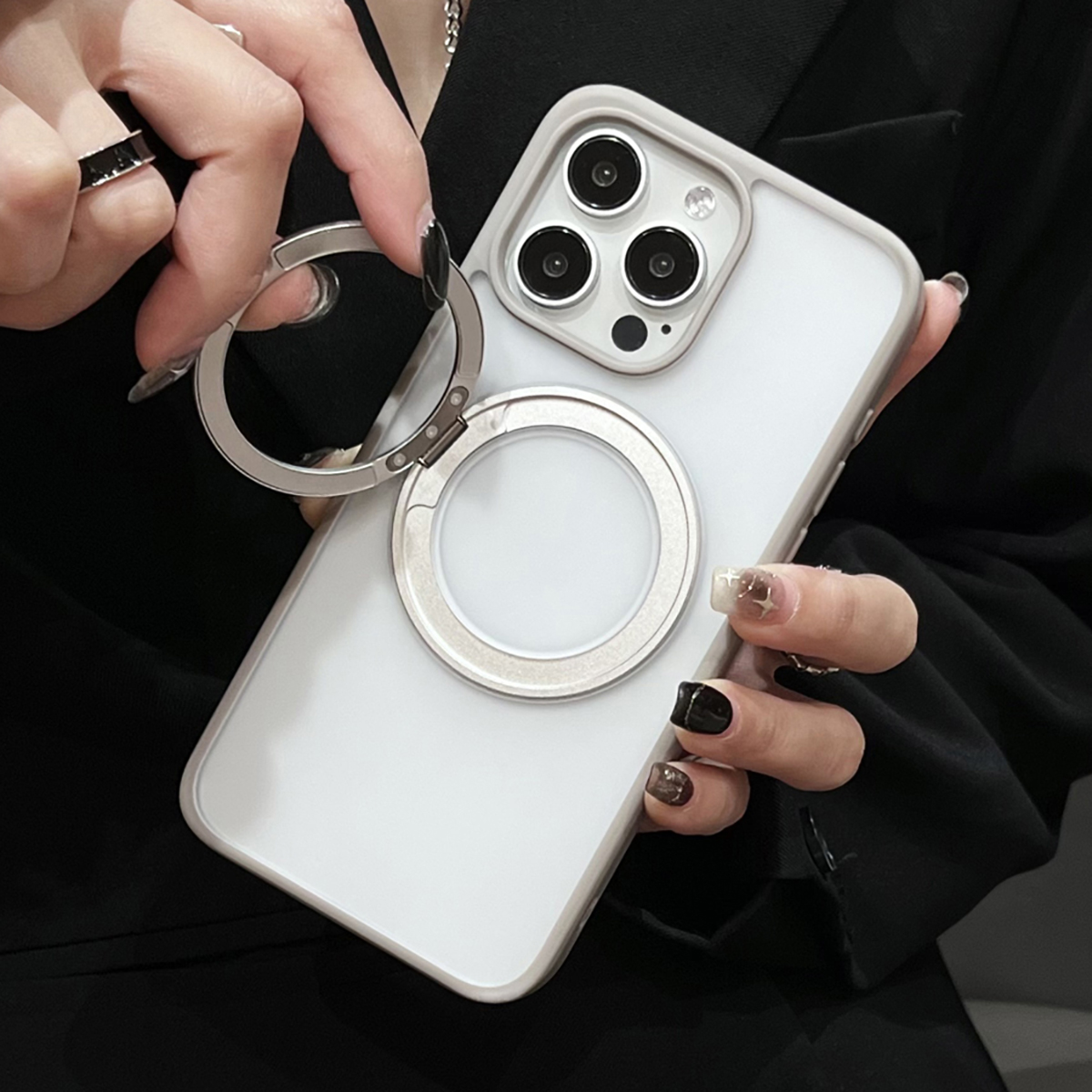 Draaibare standaard, magnetische, matte achterkant voor iphone 13, 14 , 15 pro max plus met ringhouder, magsafe telefoonhoesjes: Acryl / Grijs