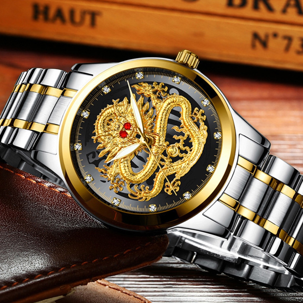 Reliëf Diamant Draak Gezicht Horloge mannen Waterdichte Quartz Horloges