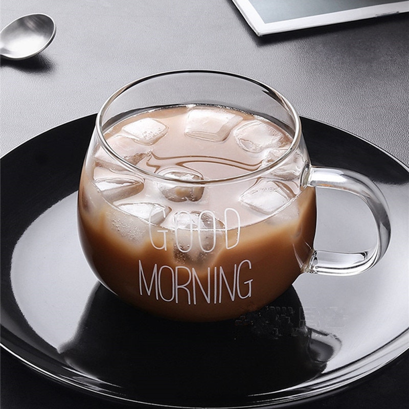 Letter Printed Transparent Glass Coffee Tea Drinks Dessert Breakfast Milk Cup Glass Mugs Handle Drinkware