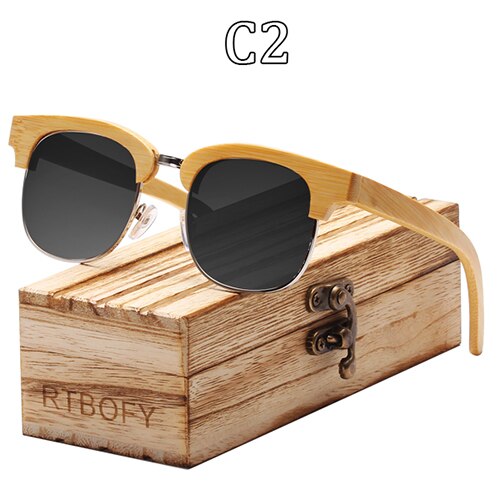 RTBOFY Hout Zonnebril Mannen Retro Trend Zonnebril Voor Mannen UV400 Vintage Gepolariseerde Zonnebril Eyewear Zonnebril: C2