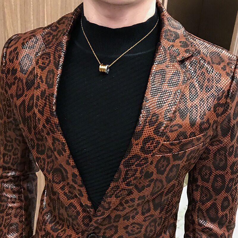Jas Lederen Podium Kostuums Voor Zangers Losse Jas Blaser Homens Terno Masculino Herfst Luipaard Print Heren Blazer Huid Pak
