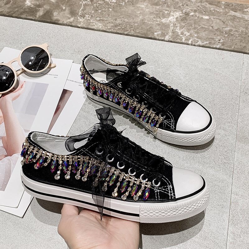 Baskets femmes perles cristal chaussures femmes toile chaussures loisirs à lacets baskets basses noir blanc basket Femme