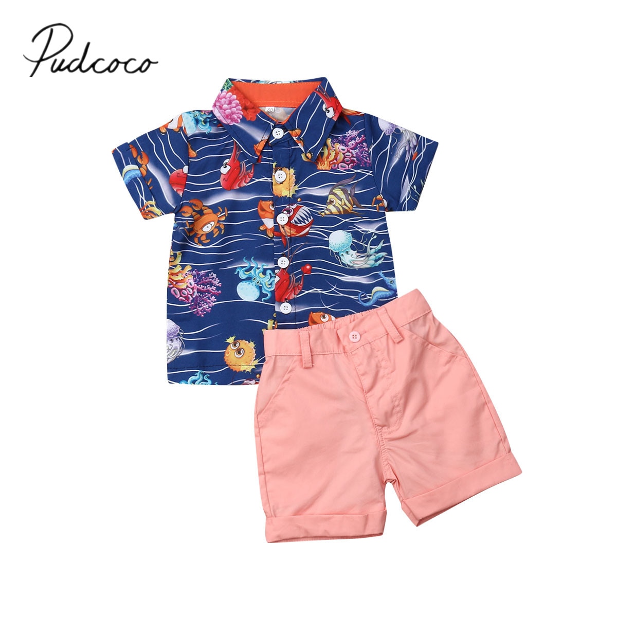 2019 Bebê Verão Vestuário Infantil Crianças Menino Roupas Casuais Define Mar Animal T Camisa Top + Calções Sólidos Bottoms 2pcs Set Outfits 1-5Y