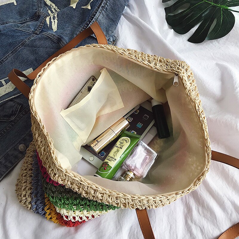 Kvinder regnbue farve håndtaske strandtaske rattan vævet håndlavet strikket strå stor kapacitet tote læder kvinder skuldertaske bohemia