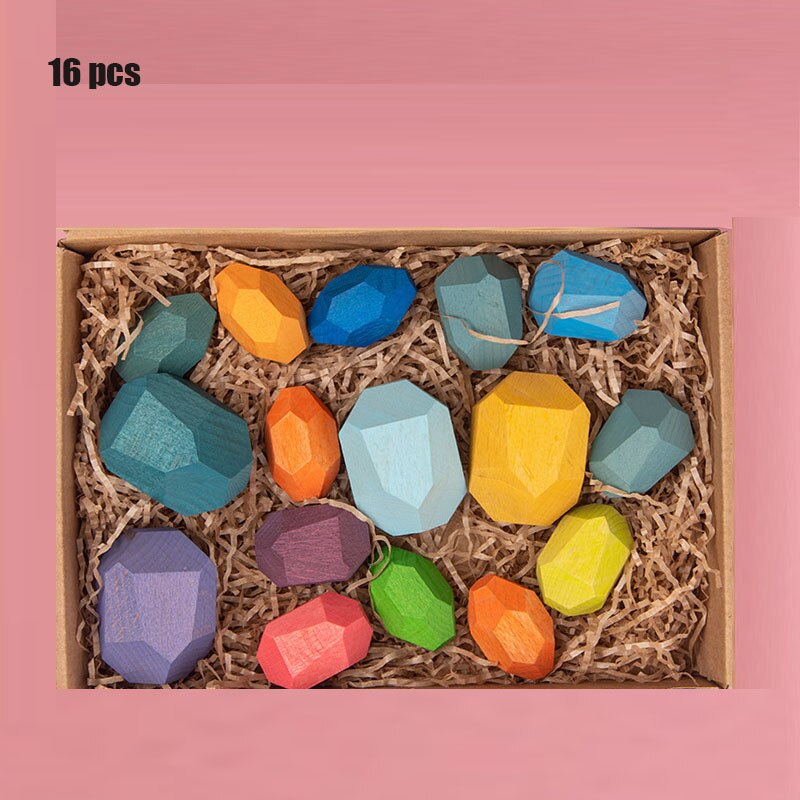 Colored Stone Jenga Building Educational Block Children's Wooden Toy Nordic Style Stacking Game Rainbow Wooden Toy: F-Bagged 16pcs