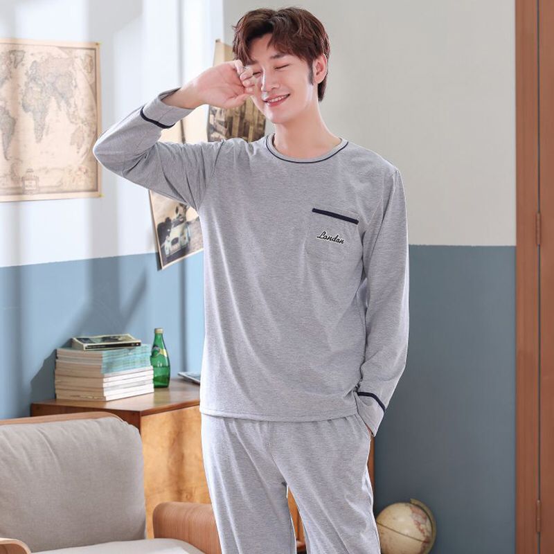 Autumn Winter Knitted Cotton Gray Men&#39;s Pyjamas Solid Pajamas Set Casual Male Sleepwear Pyjamas Night Pijama Hombre 4XL Homewear