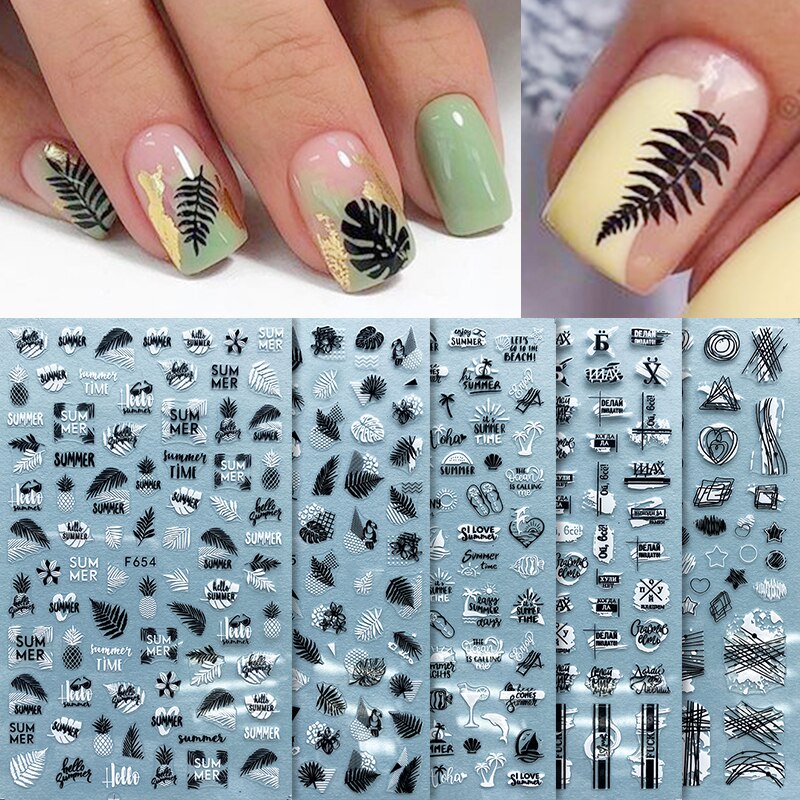 4 stk sommer nail art klistermærker blade bogstav geometrisk 3d selvklæbende skyder negle dekoration guld sort hvid manicure folie sæt
