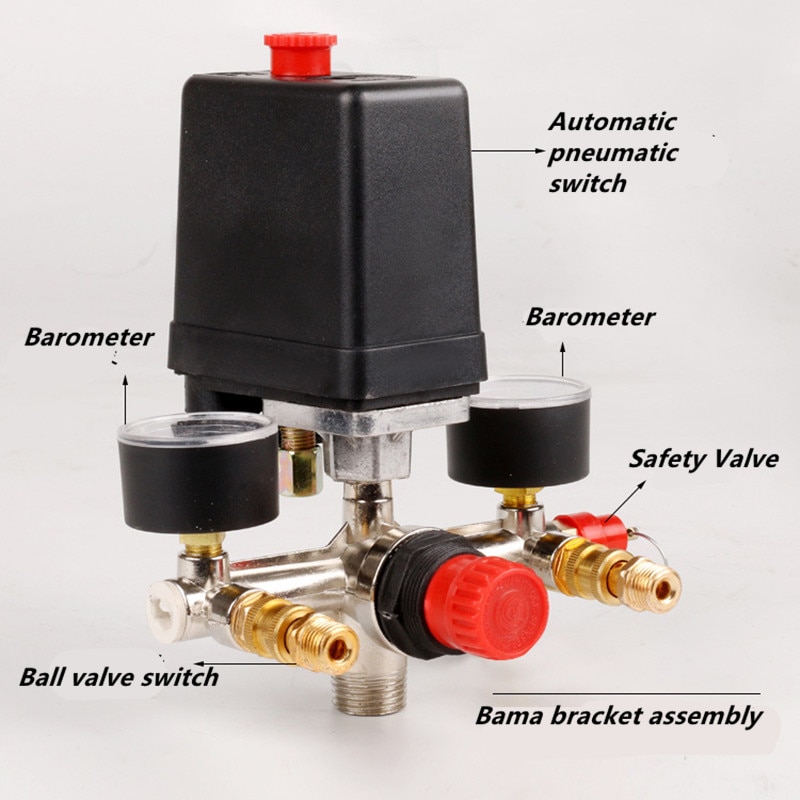 Luftkompressor trykventil switch manifold relief regulator gauges 90-120 psi 230-220v aluminiumslegering beslag