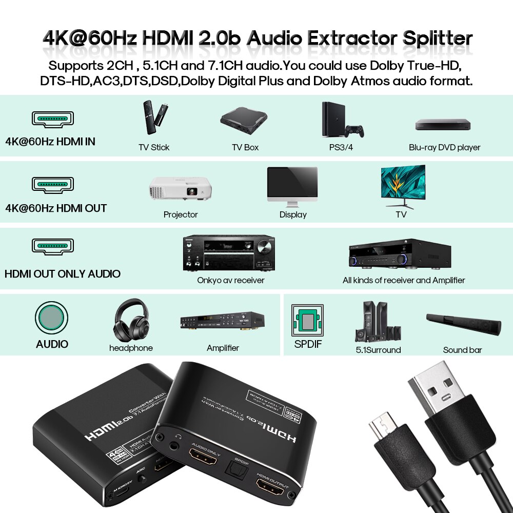 4K@60Hz HDMI 2.0 ARC Audio Extractor Splitter HDMI to Optical TOSLINK SPDIF 7.1 Converter