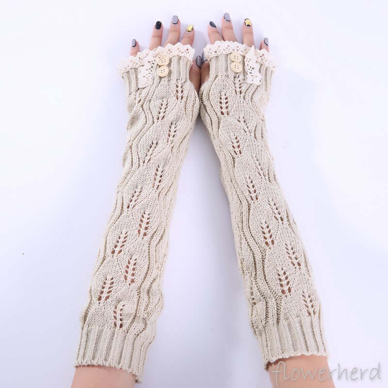 Herfst Winter Mode Handschoen Jaar Kant Knop Gebreide Garen Warm Houden Vingerloze Half Vinger Lady Vrouwen Arm Lange handschoenen