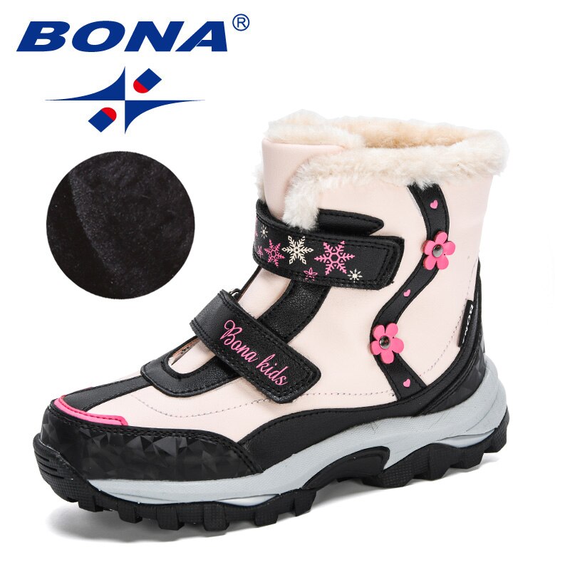 BONA – bottes de neige en peluche pour enfants, chaussures d'extérieur durables, antidérapantes, à mi-mollet, pour filles et garçons, collection hiver: Apricot black / 3.5