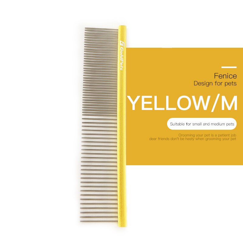 Fenice Rvs Grooming Kam Aluminium Handvat Reiniging Haar Kam Voor Honden/Katten Huisdieren Accessoires: yellow M