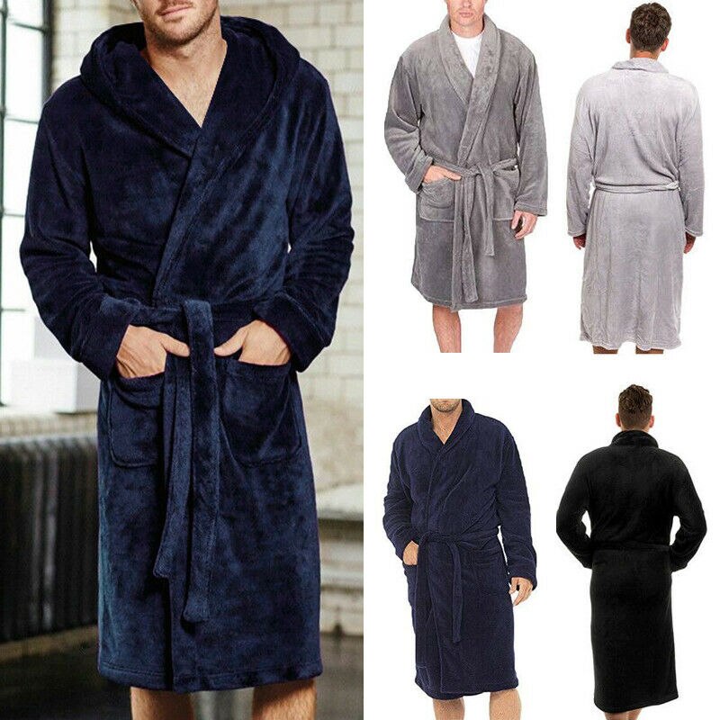 Goocheer menns varme vinterkåper tykk forlenget plysj sjal badekåpe kimono hjemmeklær langermet kappe kåpe peignoir homme