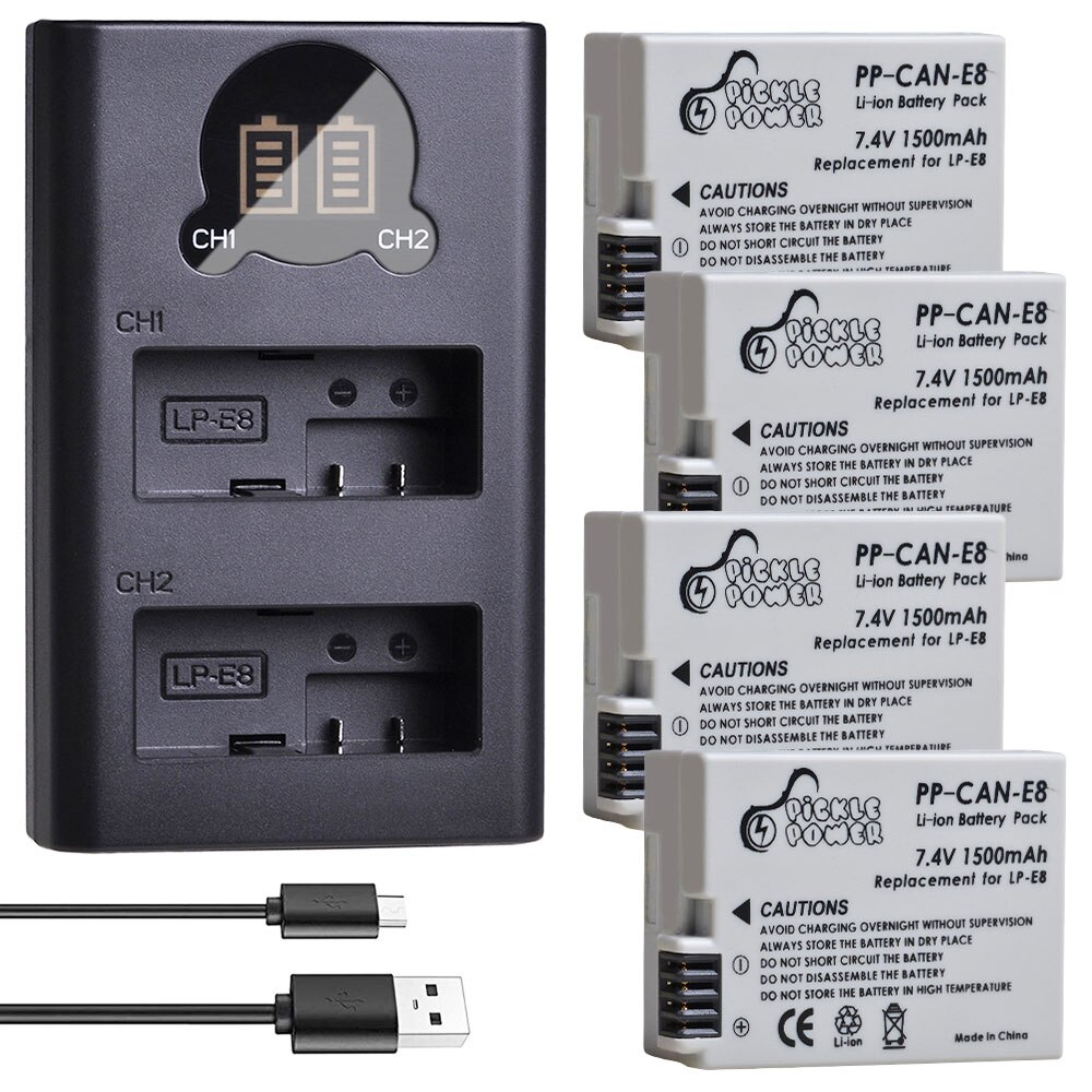 2 uds. LP-E8 LPE8 LP E8 batería recargable y cargador Dual LED para Canon EOS 550D 600D 650D 700D X4 X5 X6i X7i T2i T3i T4i T5i.: Charger and 4Battery