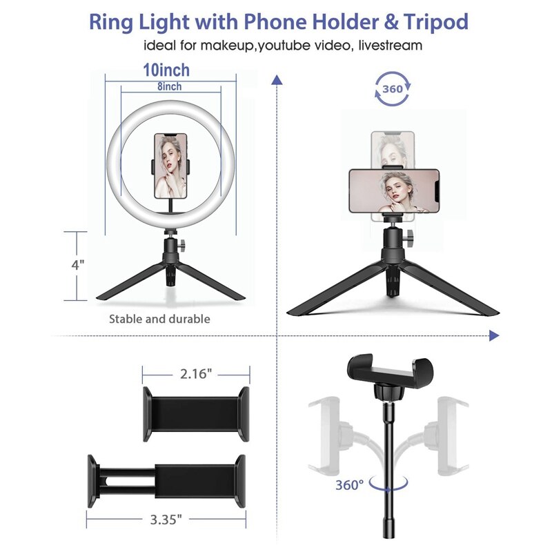 LED Ring Light with Tripod 10 Inch Dimmable Desktop Fill Light Stand for Makeup Video Live Studio Photography