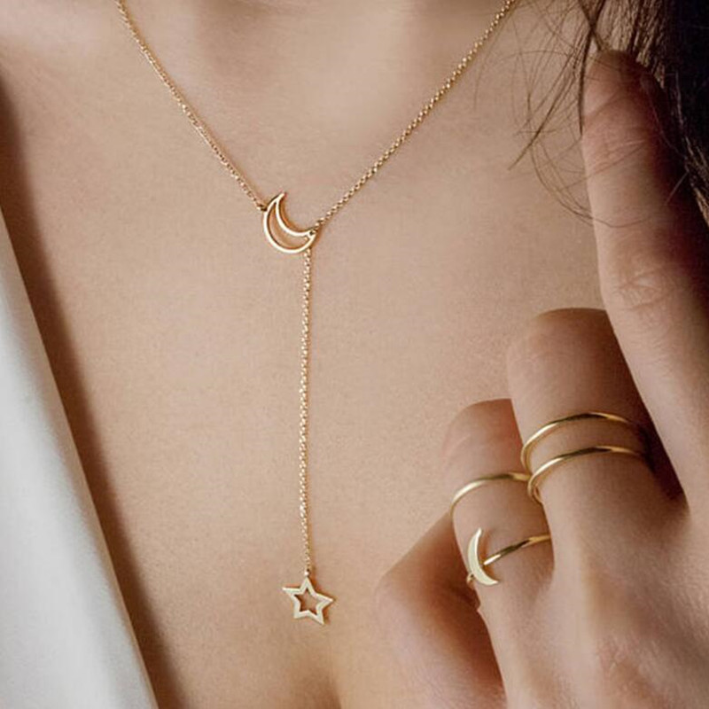 Jewelry Star Moon Choker Necklace For Women Girl Gold Color Chain Hollow Star Pendant Necklace