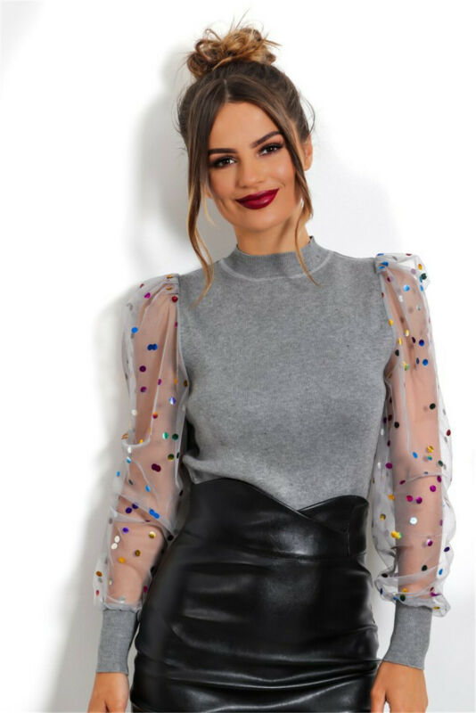 Kvinder blonder mesh gennemsigtig lange pufærmer toppe skjorter bluse