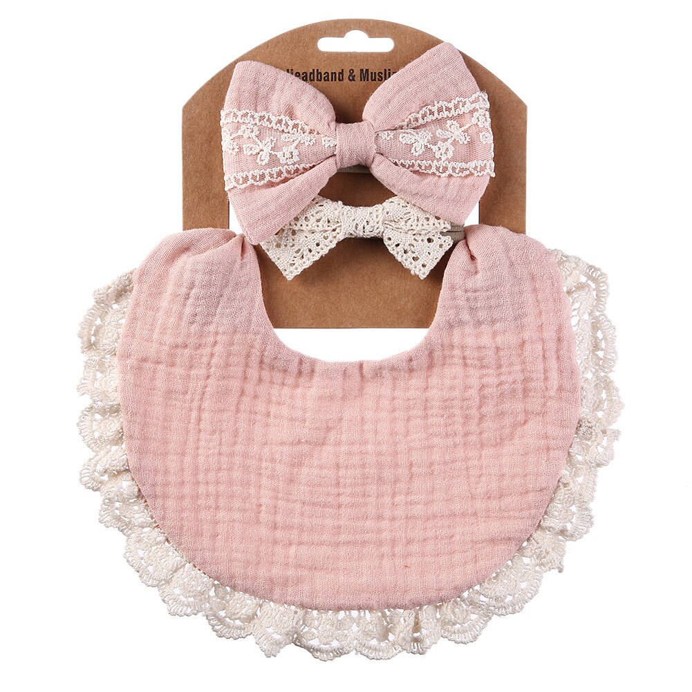 Babyvoeding Kwijl Bib Kant Hoofdband Set Zachte Katoen Speeksel Handdoek Burp Doek Voeden Kwijlen Slabbetjes Schattige Kinderen Haar Accessoires: Roze