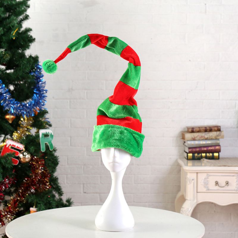 Adult Kid 3D Christmas Party Elf Long Tail Hat Red Green Striped Funny Santa Cap Q6PB