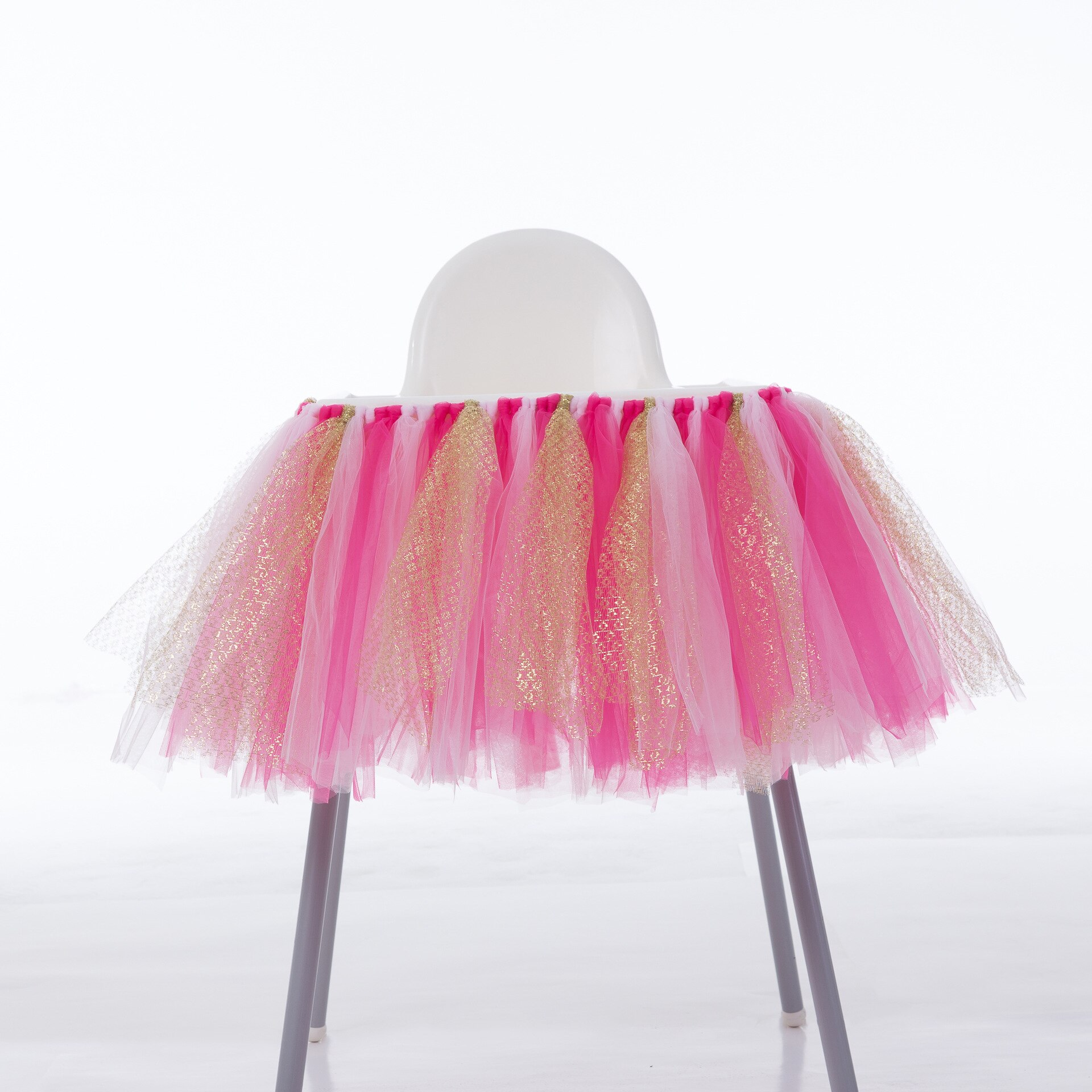 Baby 1St Birthday High Chair Tutu Skirt Tulle Dining Chair Skirt Party Decoratio Net Gauze Children Dining Decoration Home: Rose Red Pink Gold