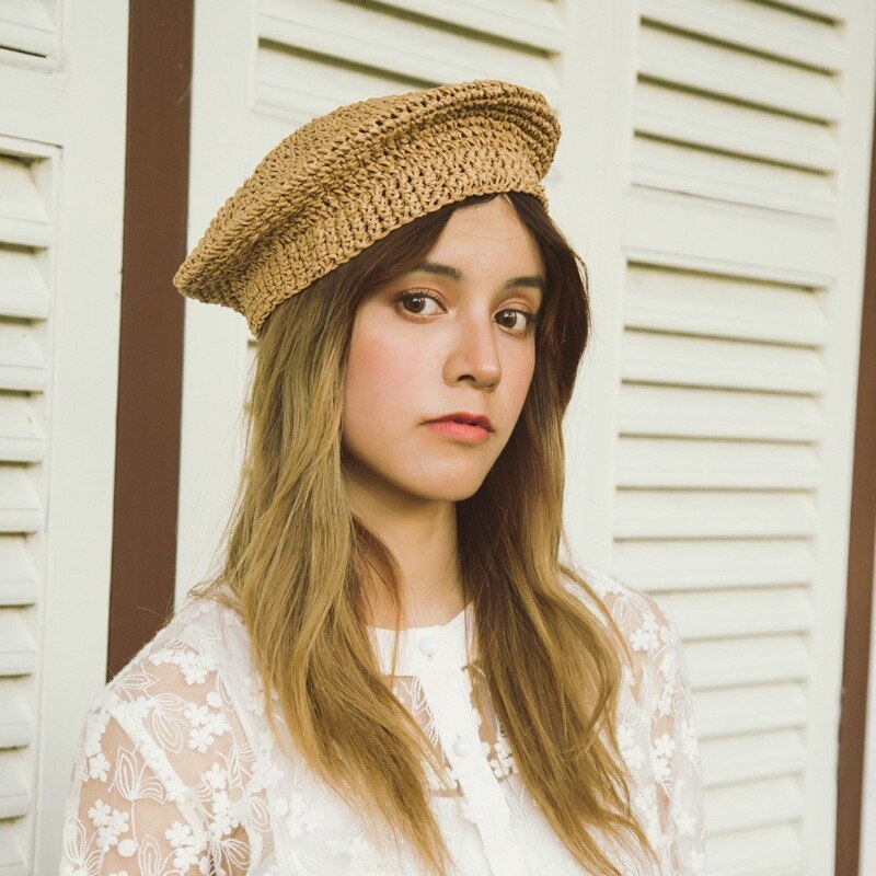 Boina de paja japonesa para mujer, sombrero de pintor, sombrero de paja transpirable, boina informal para mujer de verano