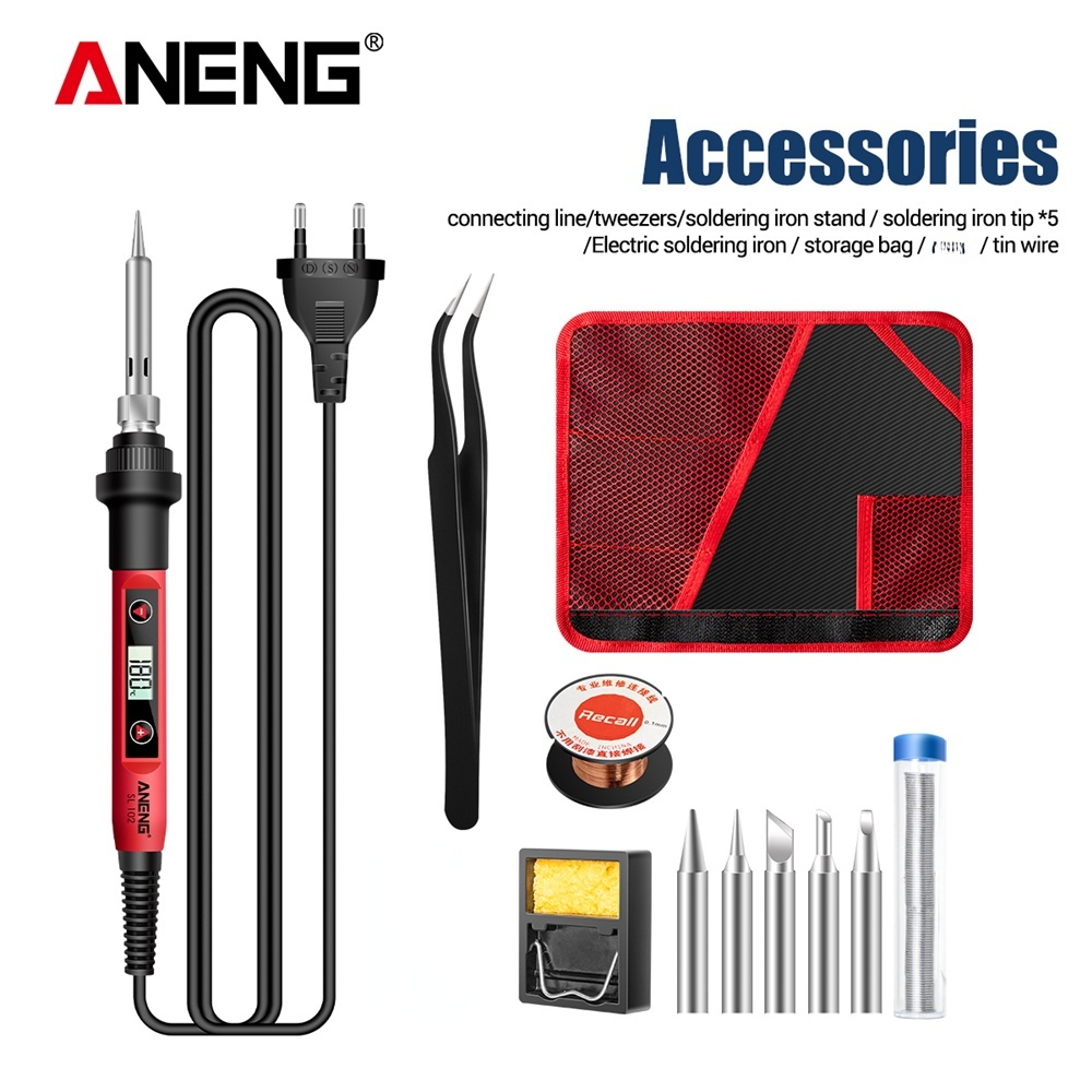 ANENG SL102 60W Digital Electric Soldering Iron kit Adjustable Temperature welding Tools Stand fer a souder solder tip solda: SL102 PRO EU plug